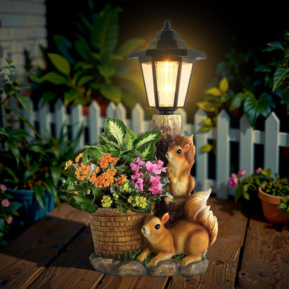 Solar Squirrels Outdoor Statues, Garden Sculptures with Flowerpot Decor & Solar Lantern for Yard