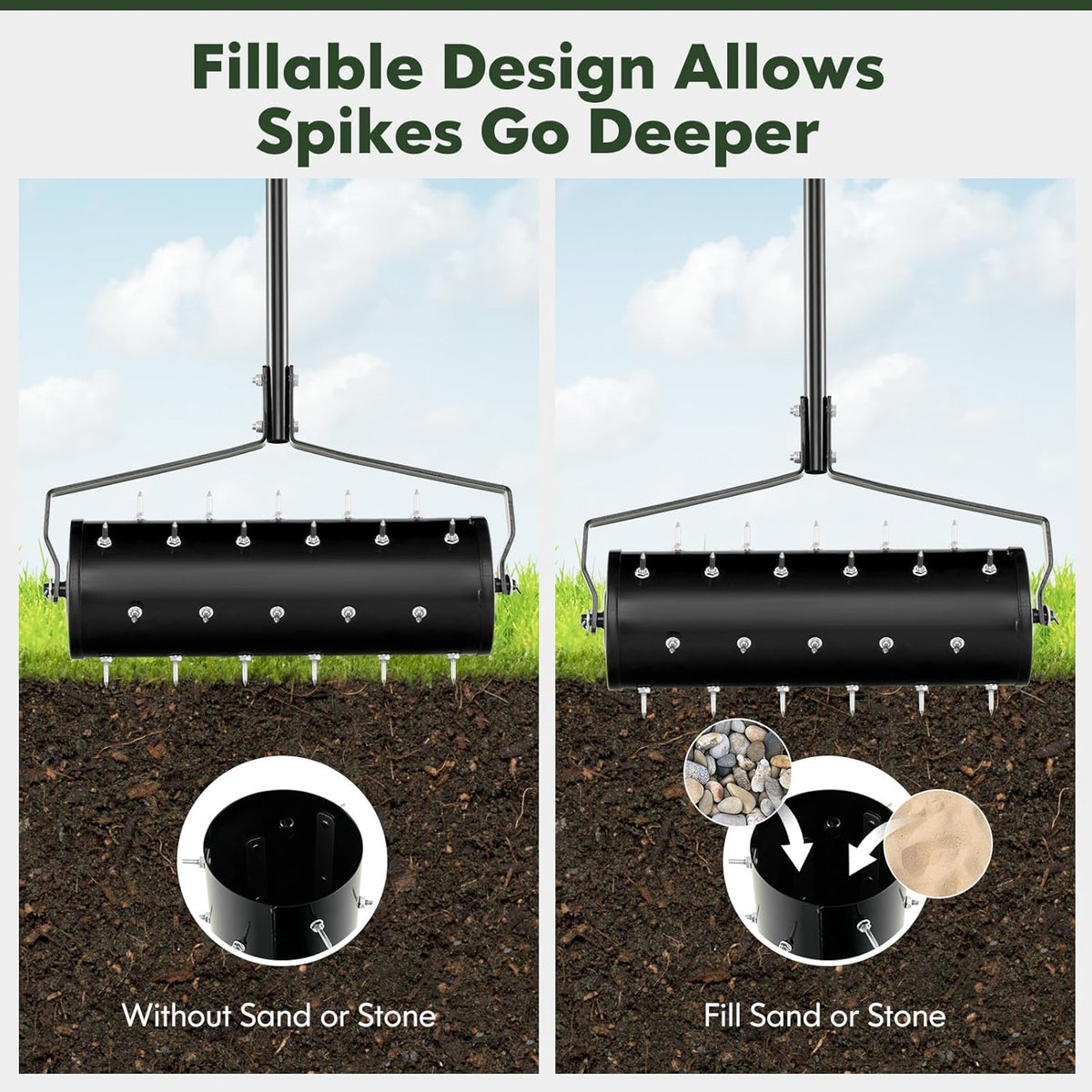 S AFSTAR 21" Manual Lawn Aerator, Heavy Duty Rolling Aerator Lawn Tool Filled Sand Stone with 51"