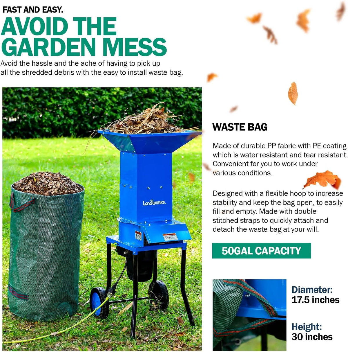 Landworks Electric Leaf Mulcher & Shredder - 15-AMP, 1800W, Steel Construction, 11" Blades, 0.5"