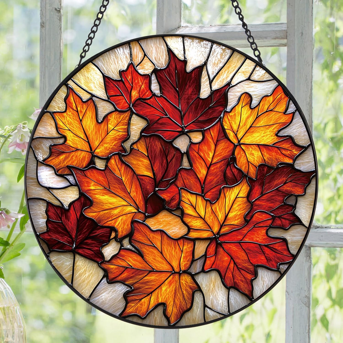 Rustic Autumn Maple Leaves Suncatcher -7.9 in Stained Glass Window Hanging Sun Catcher Garden Decor