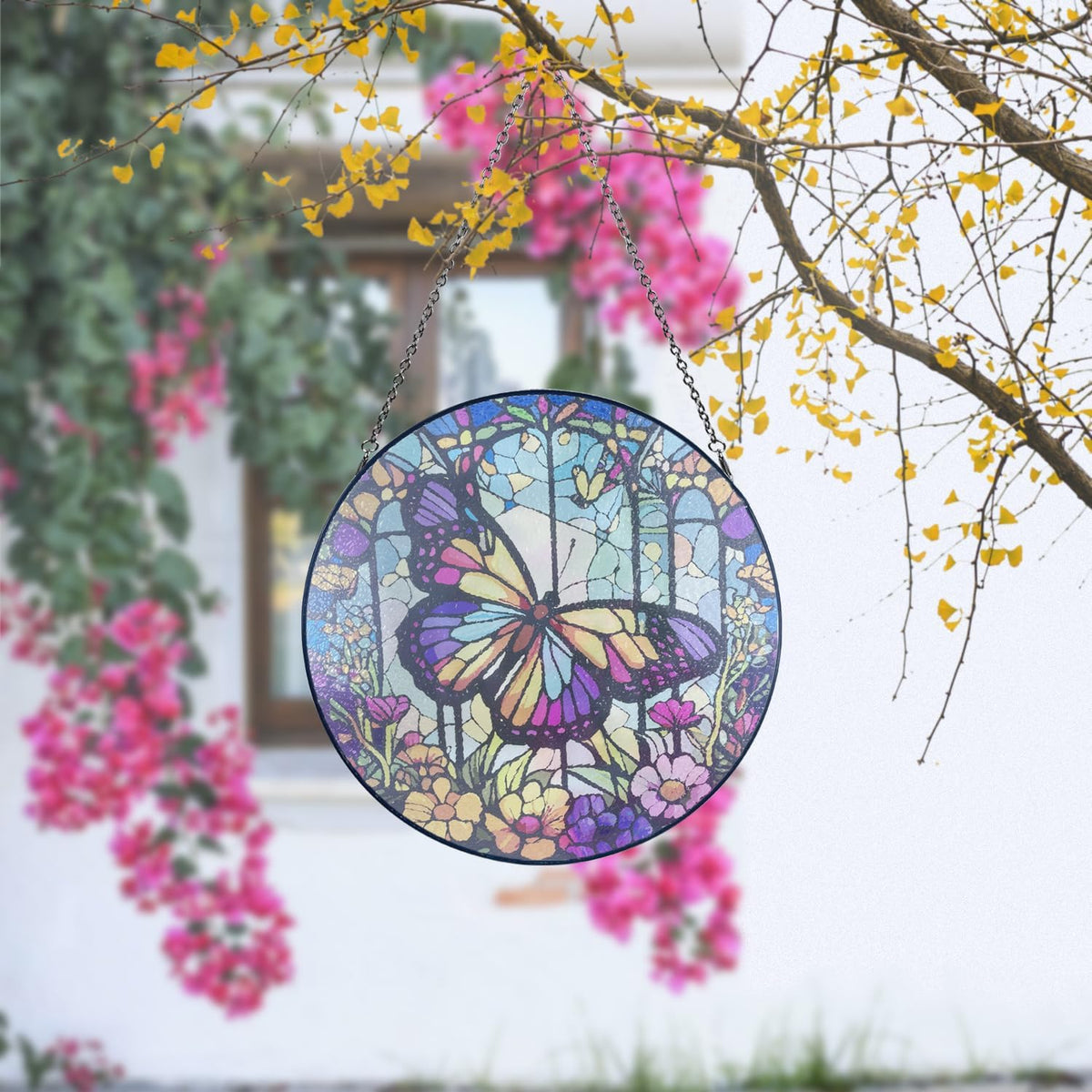 12''Stained Glass,Large Butterfly Decor Window Hanging,Handmade for Window Decoration,Painted