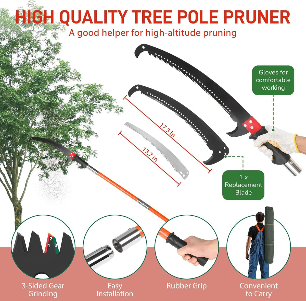Outvita Manual Pole Saw, 26 Feet Extendable Tree Pruner with Knives and Storage Pocket, Sharp Steel