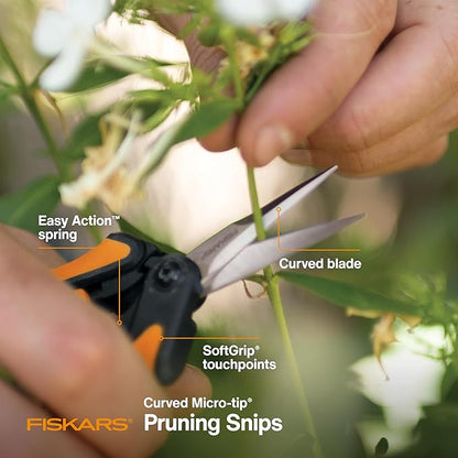 Fiskars Curved Micro-Tip Pruning Snips - 6" Garden Shears with Sheath and SoftGrip Handle - Yard