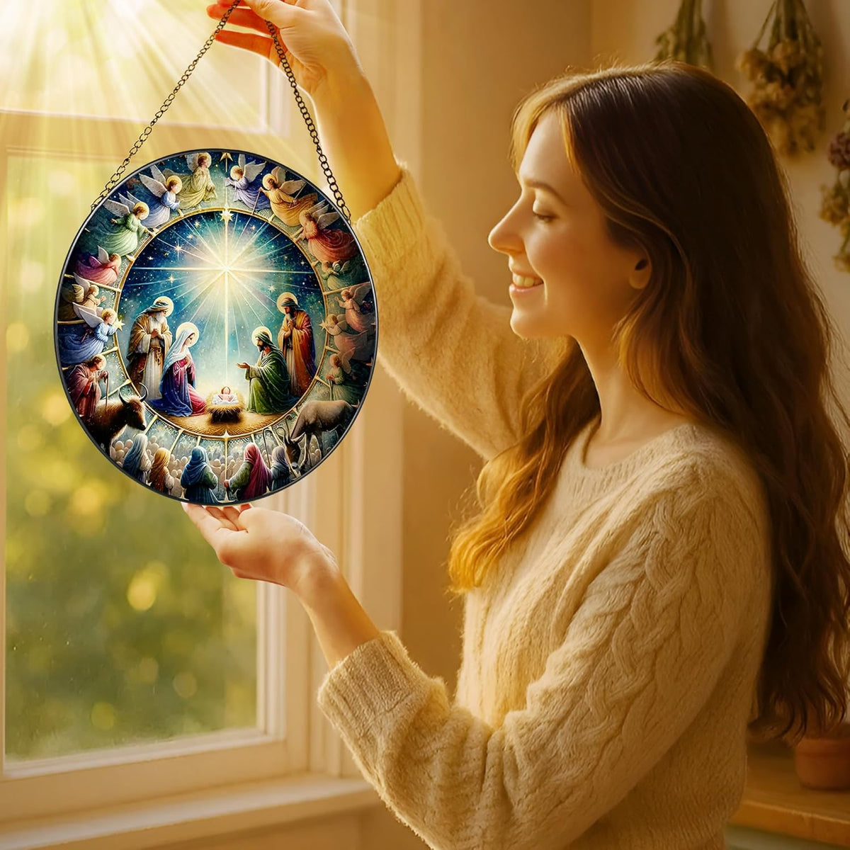 Stained Glass Window Hanging, LAOWEIKI 8'' Nativity Scene Suncatcher, Stained Glass Ornament