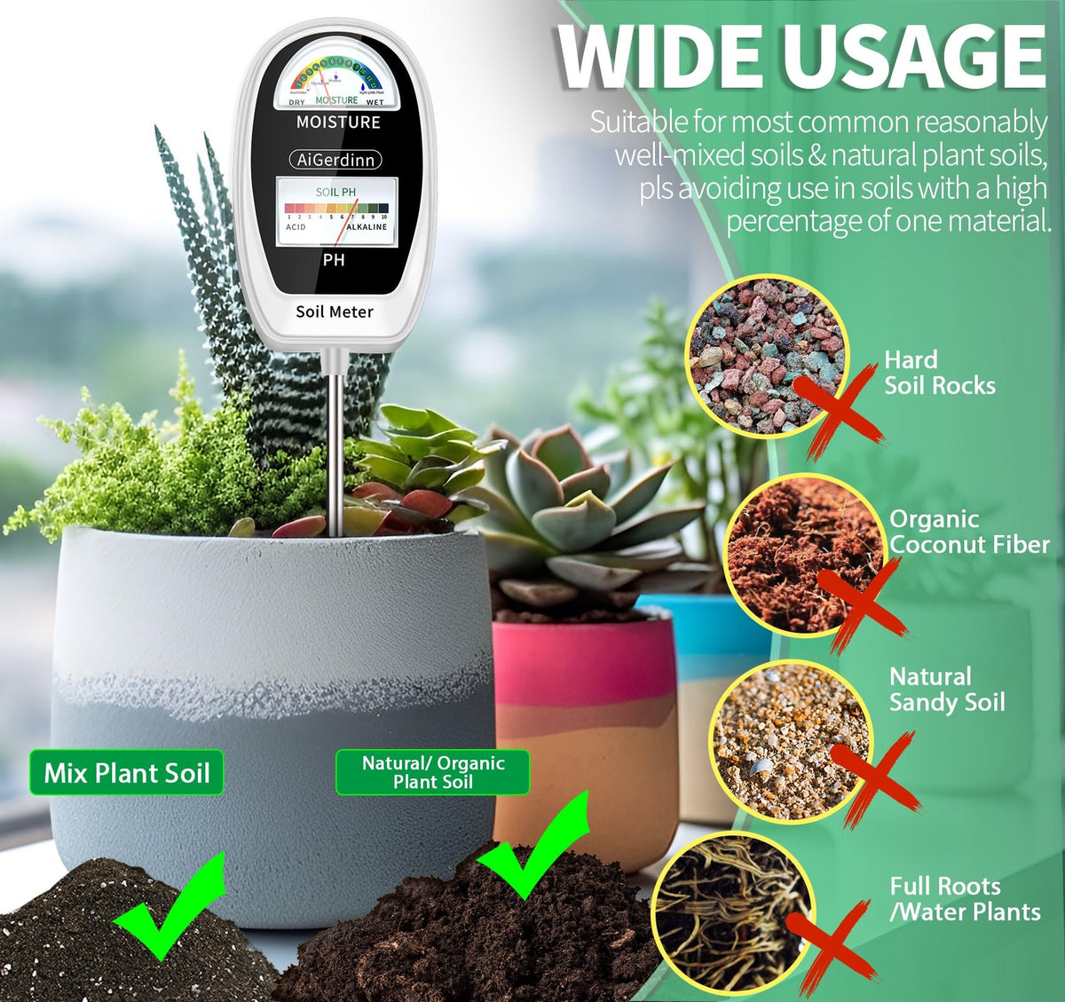AiGerdinn Soil Test Kit, 2-in-1 Soil Moisture Meter, Soil pH Meter -Dual