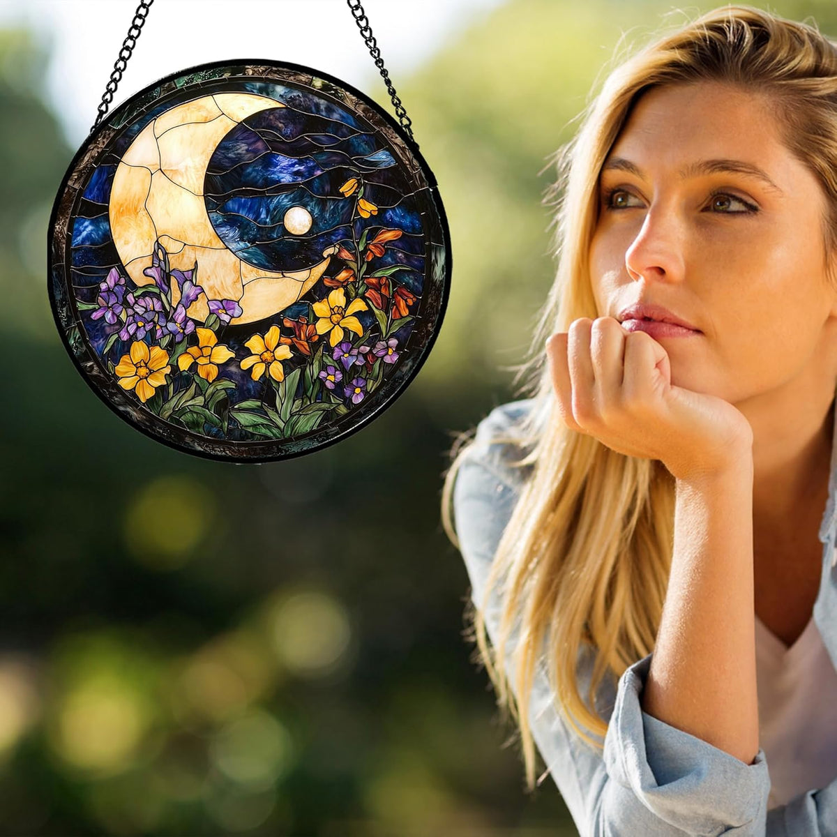 Stained Glass Window Hanging - Blue Night Sky Moon Suncatcher for Door Terrace Garden Home Decor