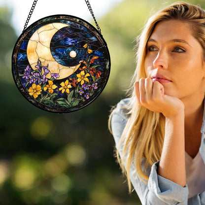 Stained Glass Window Hanging - Blue Night Sky Moon Suncatcher for Door Terrace Garden Home Decor