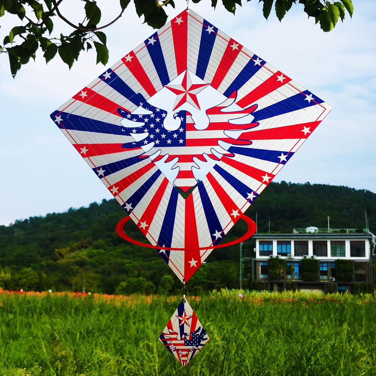 DJUAN 4th of July Decorations,13.5in Stainless Steel Eagle Flag Patriotic Wind Spinner Fourth of