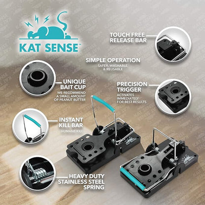 Kat Sense Large Rat Snap Traps Set of 6 - Stainless Steel Bar Design, Humane Rat Trap Indoor &
