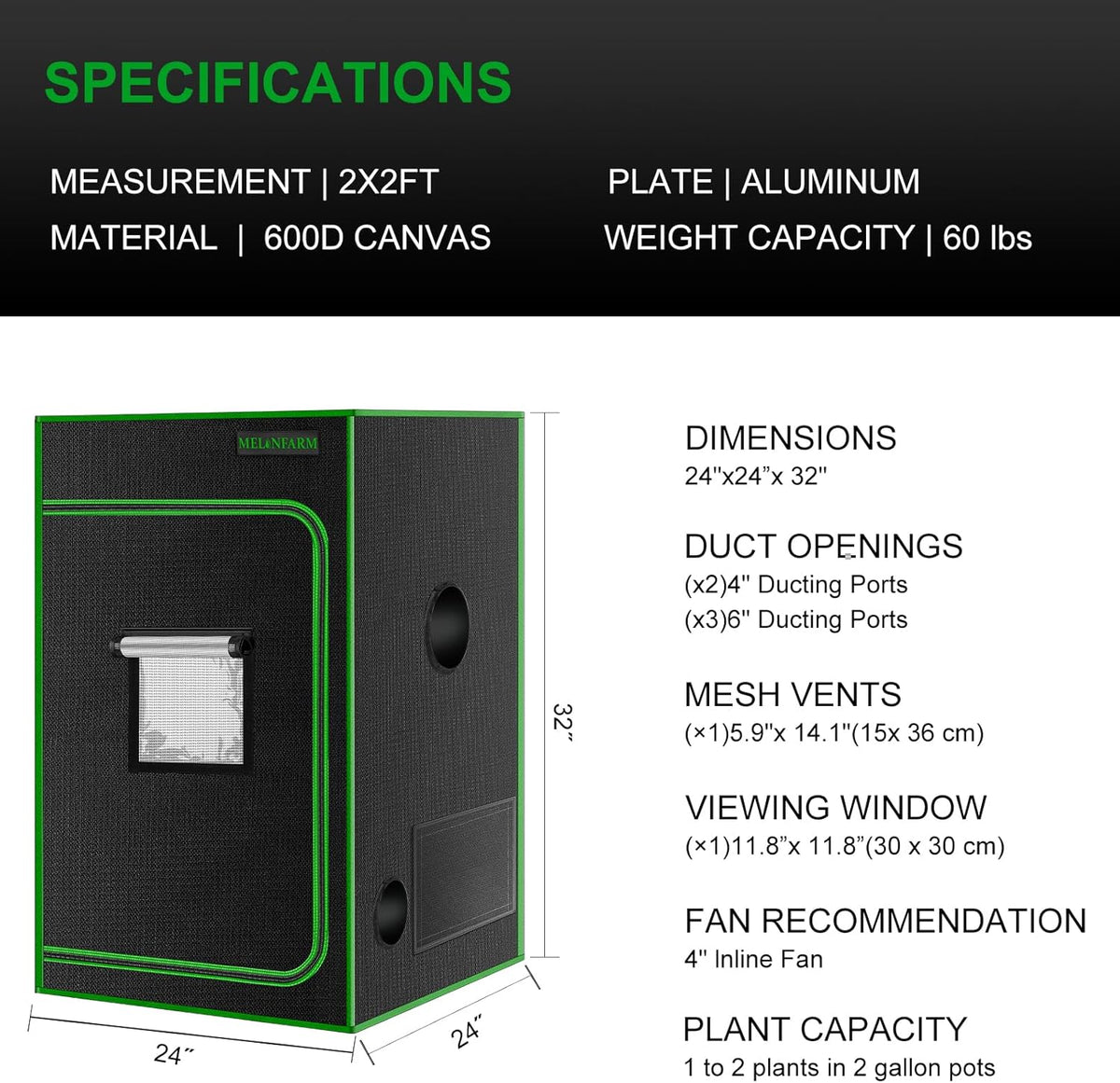 MELONFARM 2x2 Grow Tent, 24"x24"x36'' High Reflective 600D Diamond Mylar Canvas with Observation