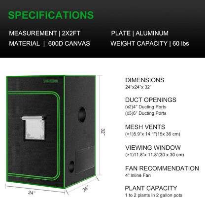 MELONFARM 2x2 Grow Tent, 24"x24"x36'' High Reflective 600D Diamond Mylar Canvas with Observation