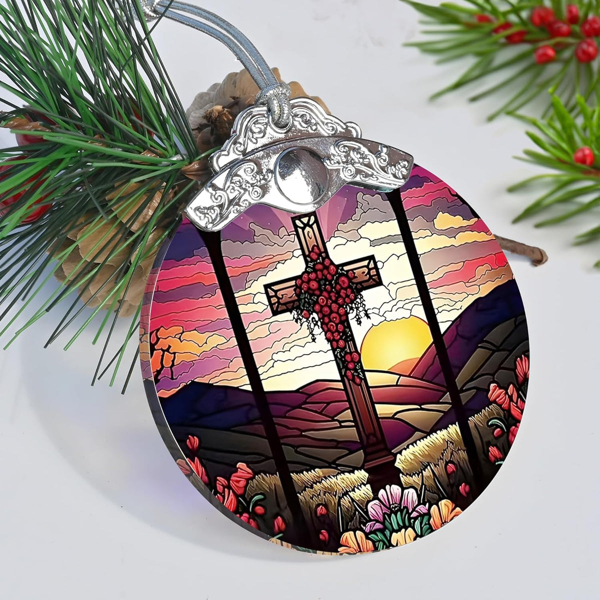 Cross Christmas Ornament - Stained Glass Holiday Decoration for Tree, Xmas Gift Idea