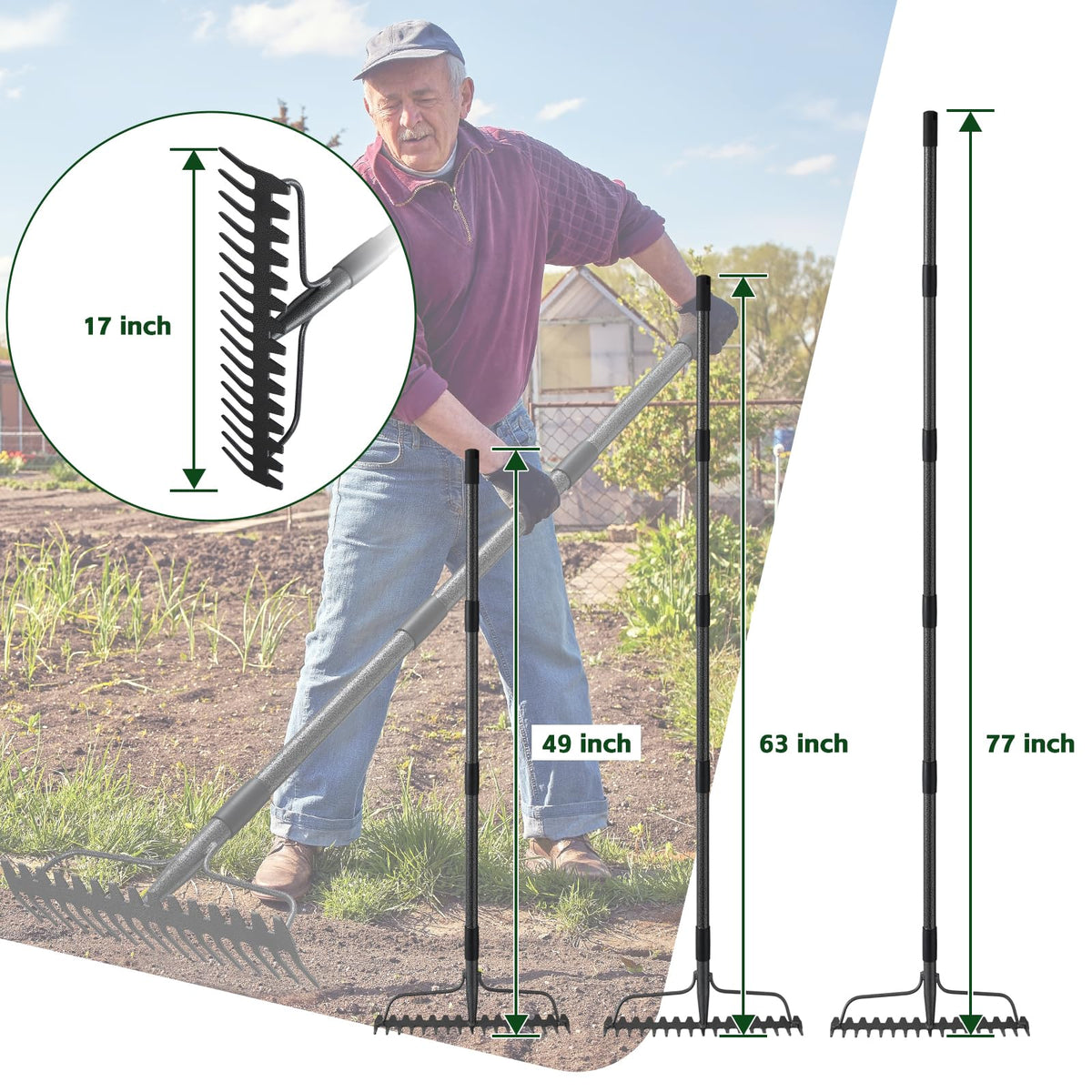 63'' Bow Rake ，17 Tines Metal Head Rakes with Stainless Steel Handle，Heavy Duty Garden Rake for