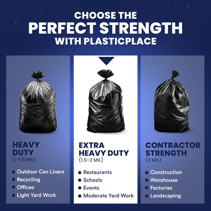 Plasticplace 55-60 Gallon Trash Bags │ 1.5 Mil │ Black Heavy Duty Garbage Can Liners │ 36” x 58”