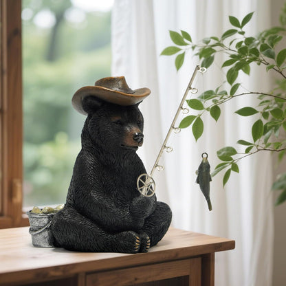 Hodao Black Bear Fishing Figurines Decoration Summer Bear Crafts for Home Office Desk Decor Statue