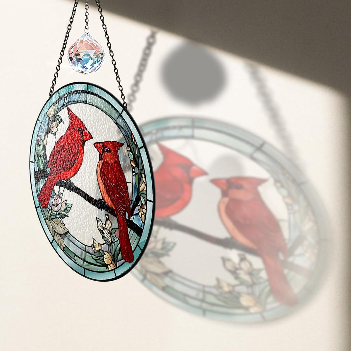 7.8" Cardinal Stained Glass Suncatchers, Red Birds and Flower Art Glass Sun Catcher for Window