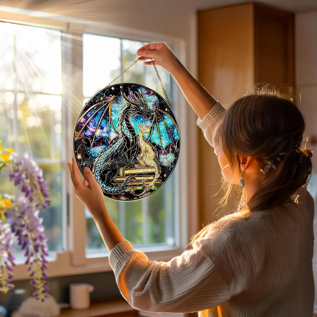 Stained Glass Window Hanging, 8 Inch Dragon Stained Glass Suncatcher, Sun Catchers Indoor Window