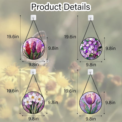 Stained Glass Window Hanging 4 Pcs Set Purple Flower Theme 9.8" - Tulip Suncatcher Door Garden Sun