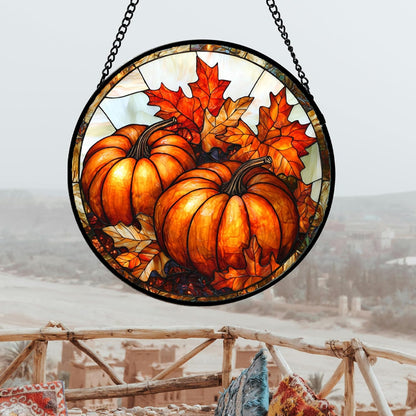 Stained Glass Window Hanging, Pumpkin Maple Leaf Suncatcher for Doors Home Sun Catchers Decoration