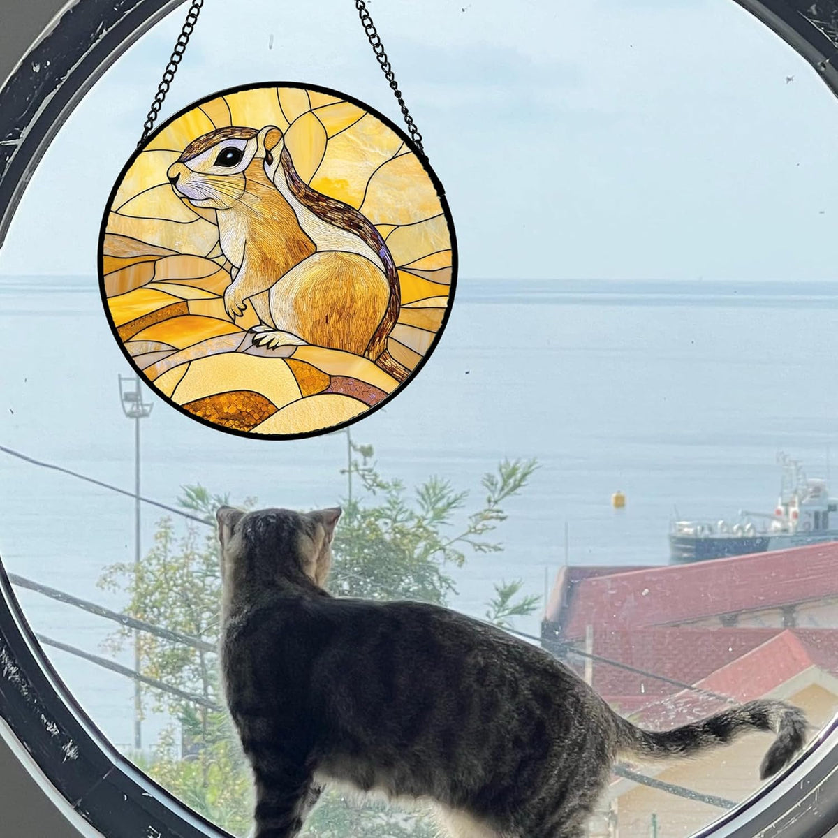Stained Glass Window Hanging 4 Pcs Set Animals 9.8" - Desert Landscape Yellow Suncatcher Door