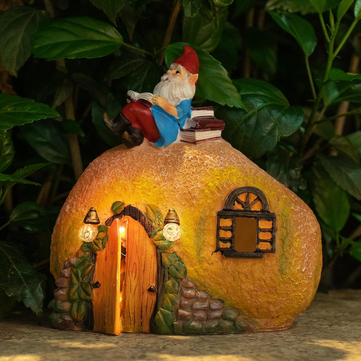 mopha Garden House Statues, Funny Gnome Fairy Garden Lights Figurine,Resin Solar Powered Outdoor