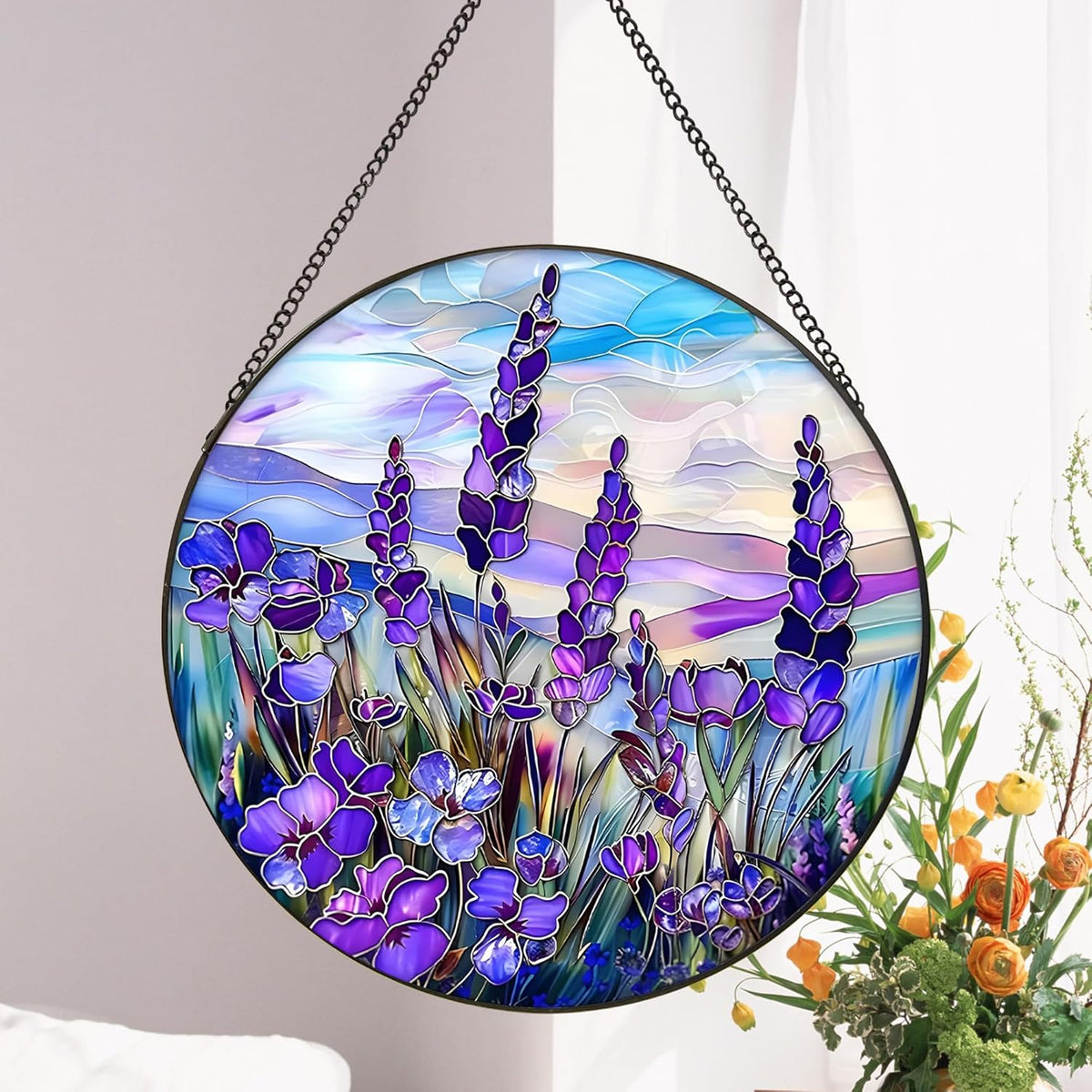 Lavender Suncatcher Hanging Stained Glass Window Decor, 9.8''/25CM Texas Bluebonnet Sun Catcher for