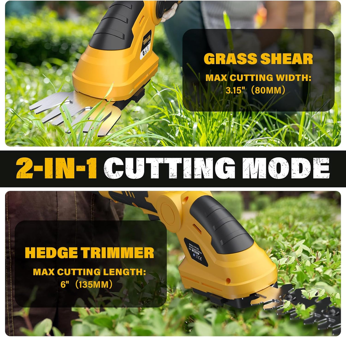 7.2V Cordless Hedge Trimmer & Grass Shears, 2 in 1 Electric Handheld Shrub Trimmer, Lightweight