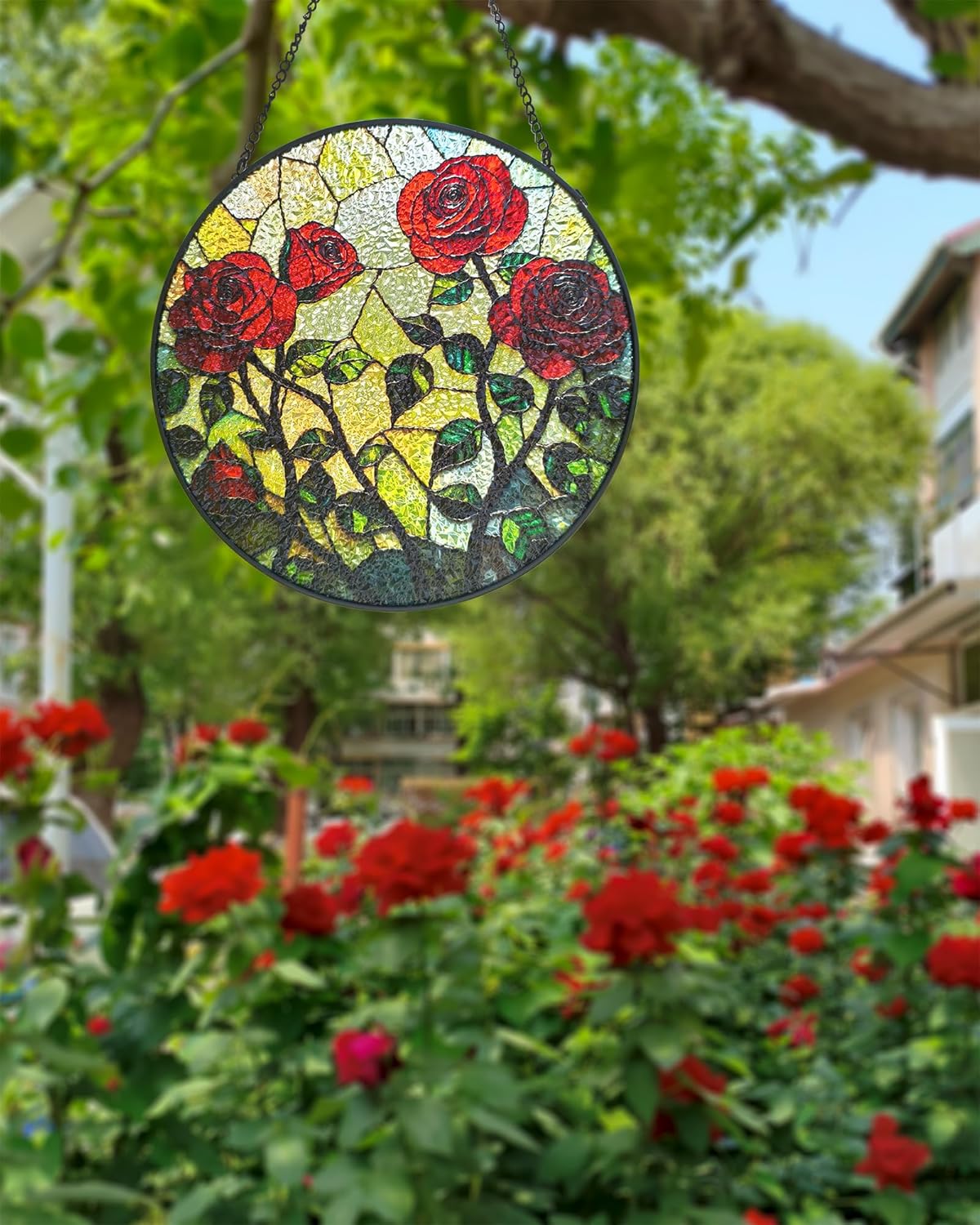 Floral Stained Glass Window Hanging - Rose Design Handmade Suncatcher, Luyseyha 8 Inch Sun Catcher