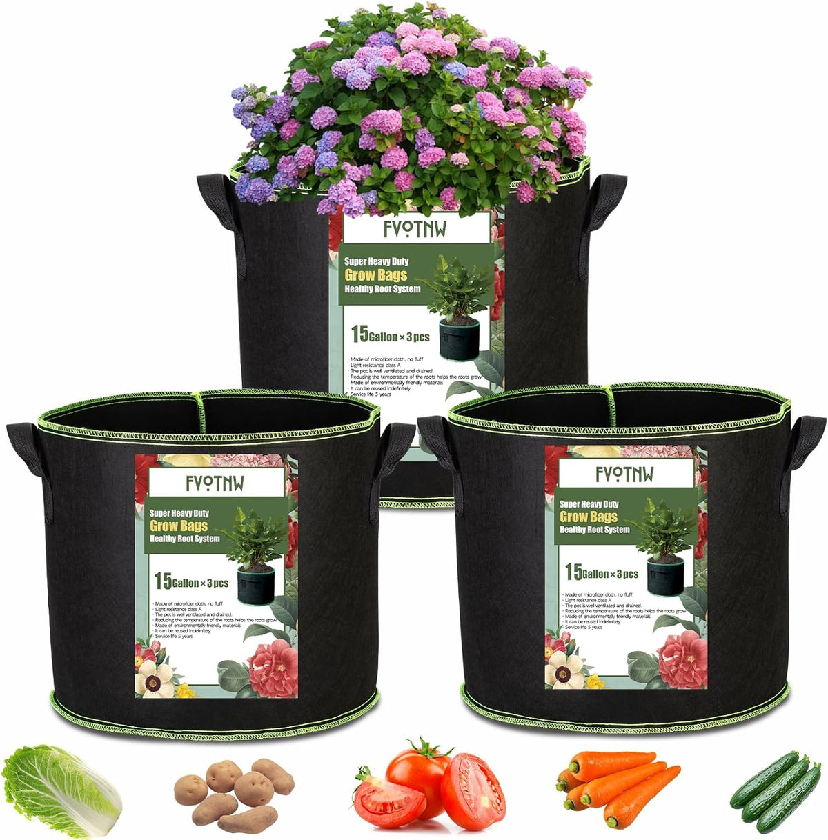 3-Pack 15 Gallon Plant Grow Bags, Thickened Nonwoven Fabric Pots with Handles,Durable Garden