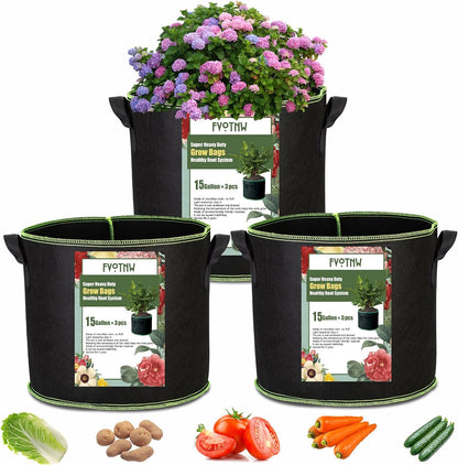 3-Pack 15 Gallon Plant Grow Bags, Thickened Nonwoven Fabric Pots with Handles,Durable Garden