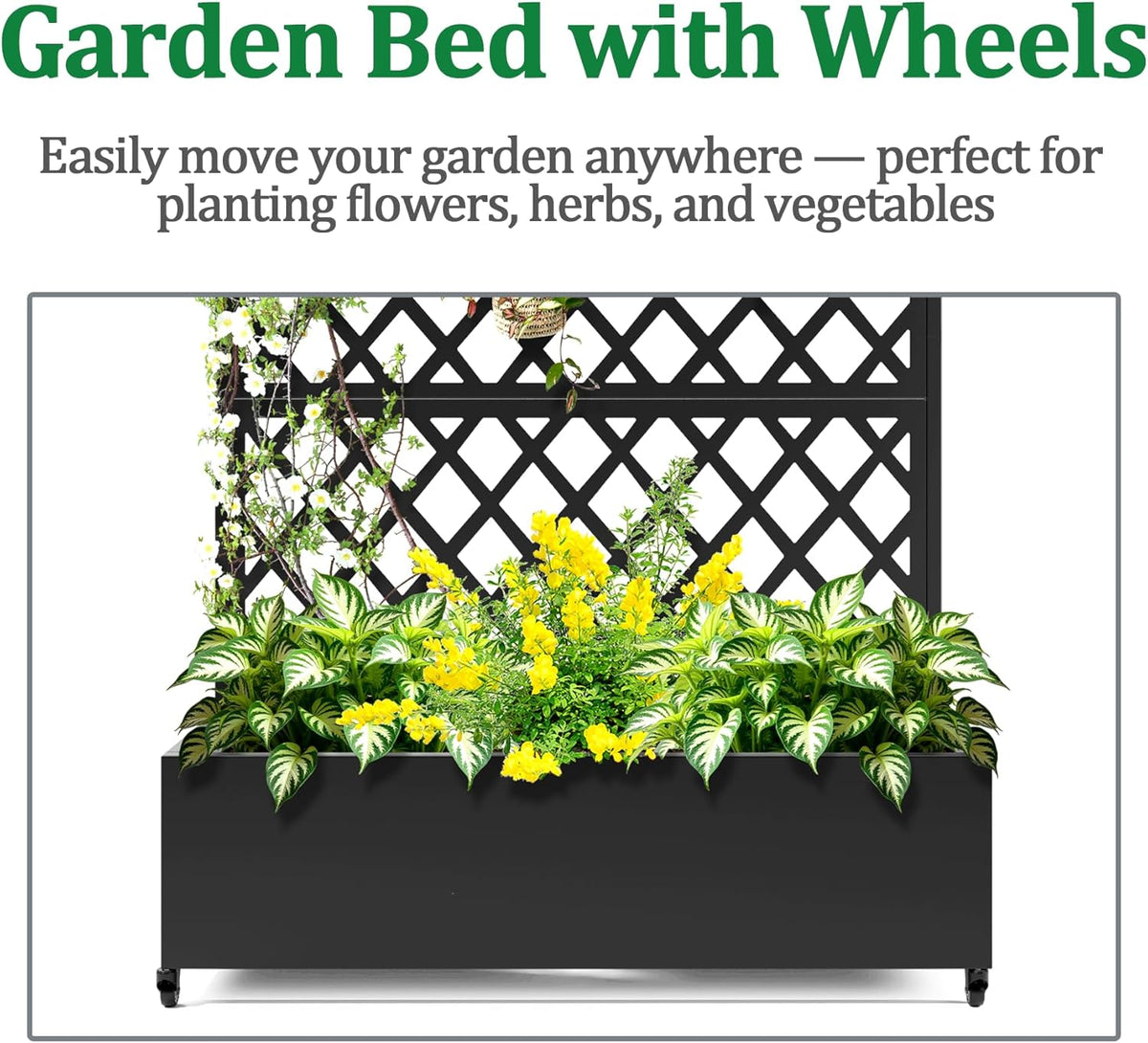 Metal Raised Garden Bed with Trellis and Wheels, 2 in 1 Trellis with Planter Box & Privacy Screen