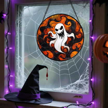 Stained Glass Window Hanging - Halloween White Ghost Suncatcher for Doors Window Garden Indoor