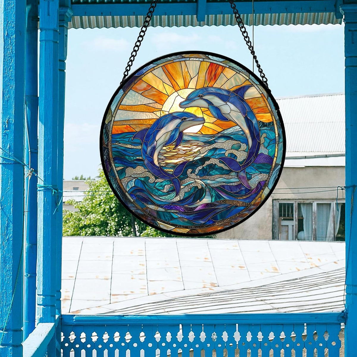 Stained Glass Window Hanging, Blue Dolphin Sun Catchers Colorful Glass Panel Sunrise Sea View