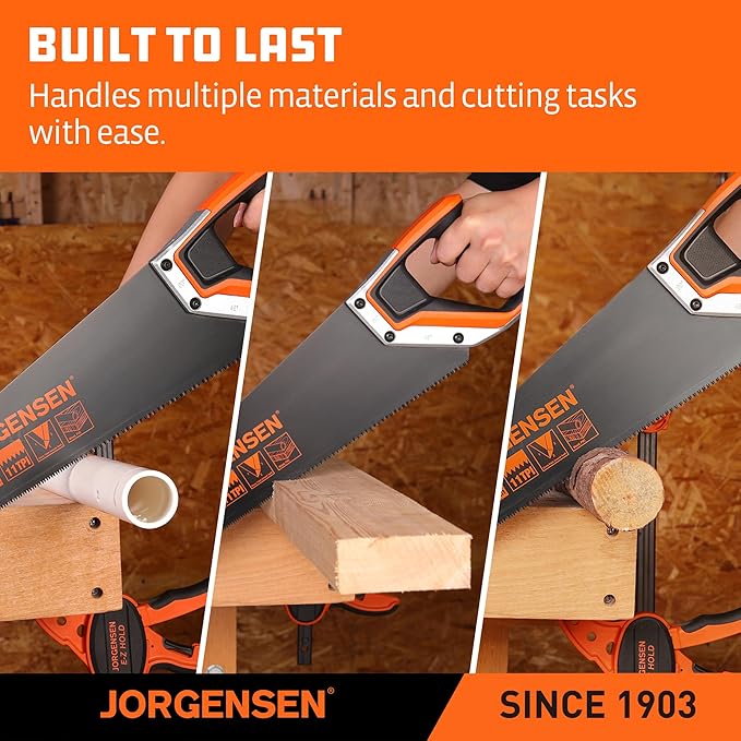 JORGENSEN 20 Inch Black Coated Pro Hand Saw, 11 TPI Fine-Cut Ergonomic Non-Slip Aluminum Ultrasonic