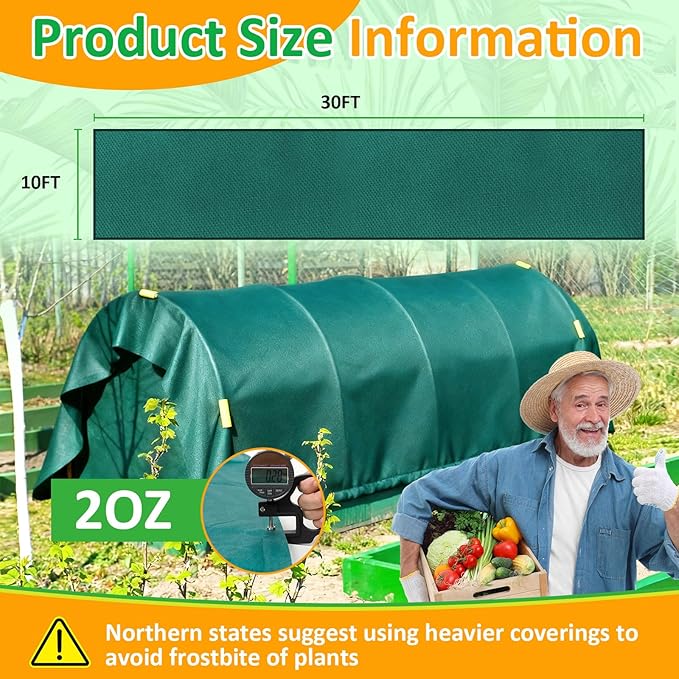 Green Plant Covers Freeze Protection, 10 x 30 ft - 2 oz/yd² Frost Cloths for Outdoor Plants, Tree