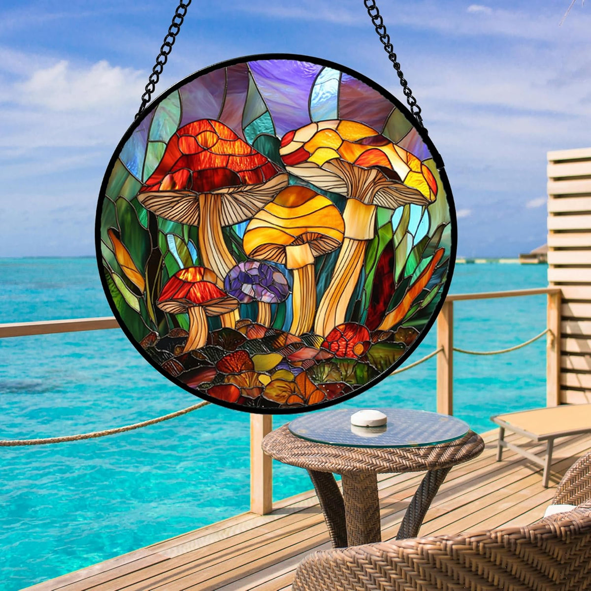 Stained Glass Window Hanging, Jungle Mushrooms Sun Catchers Diamond Glass Panel Hangings Plant