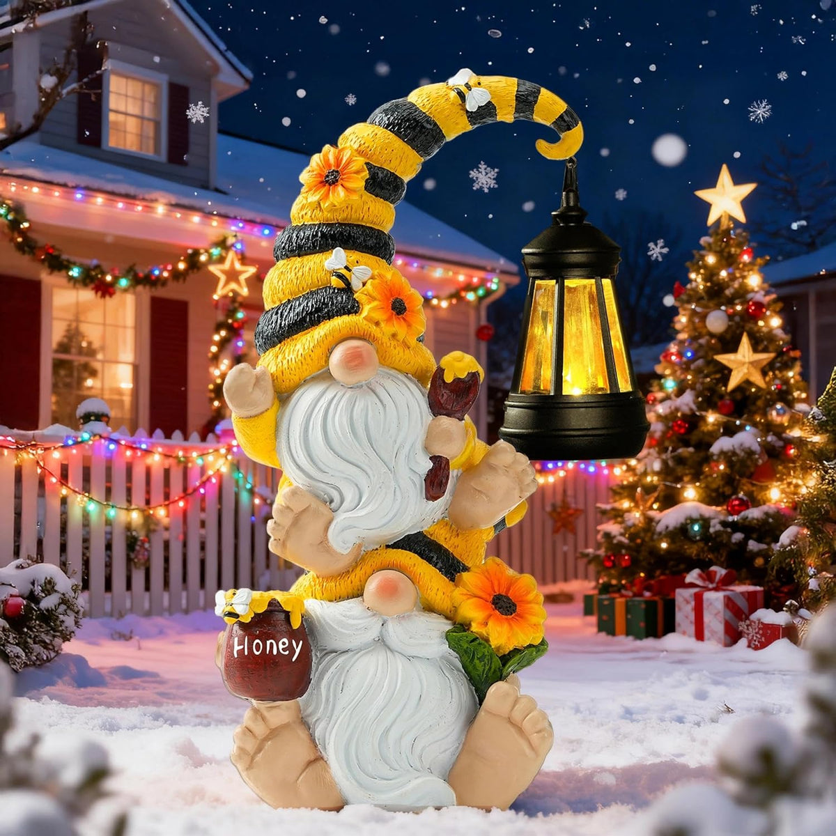 Solar Bee Garden Gnomes with LED Lantern – Waterproof Stacked Outdoor Decor for Yard, Patio