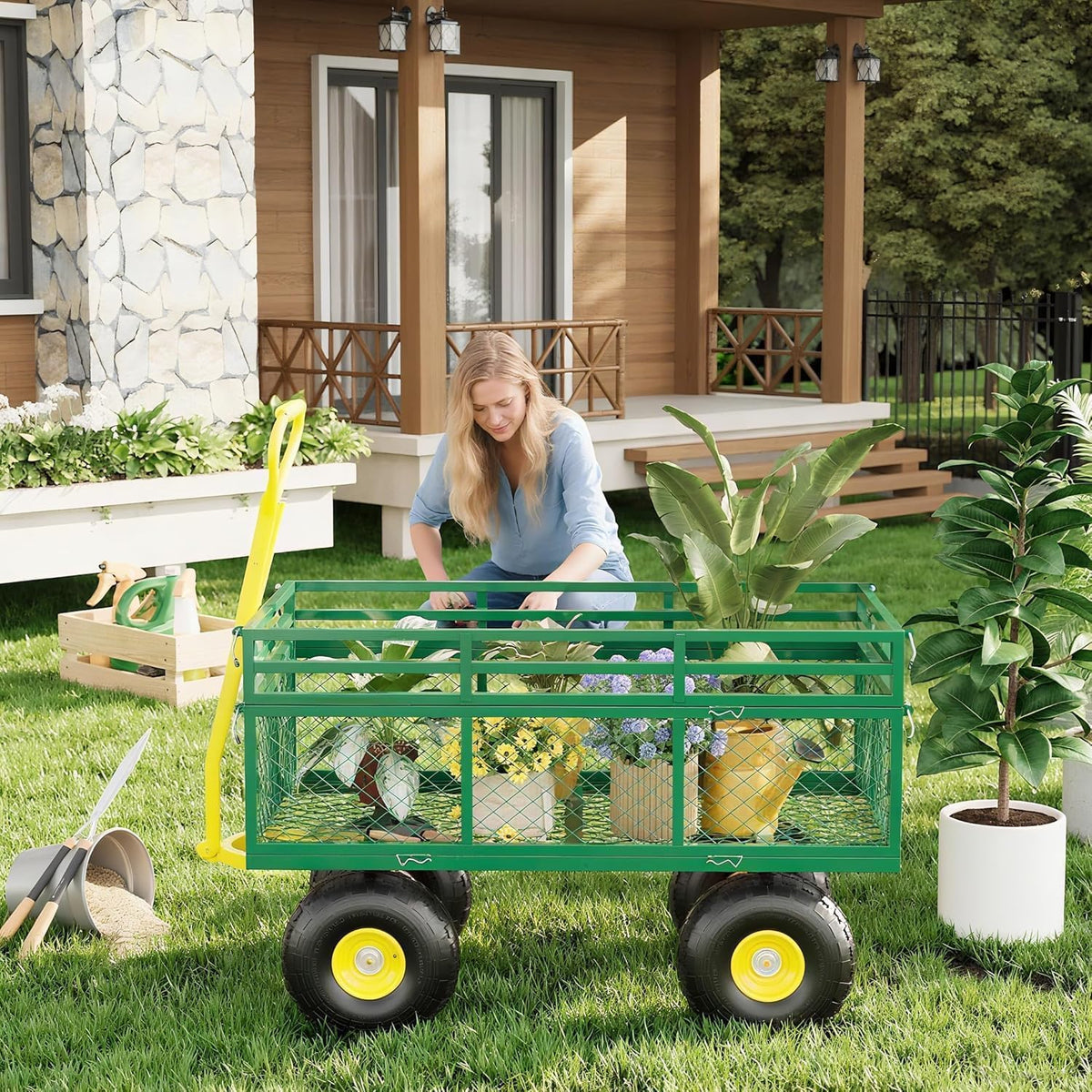 Metal Wagon - 1400lbs Garden Cart with 10" Multi-Terrain Tires, 4 Removable Mesh Sides & 180°