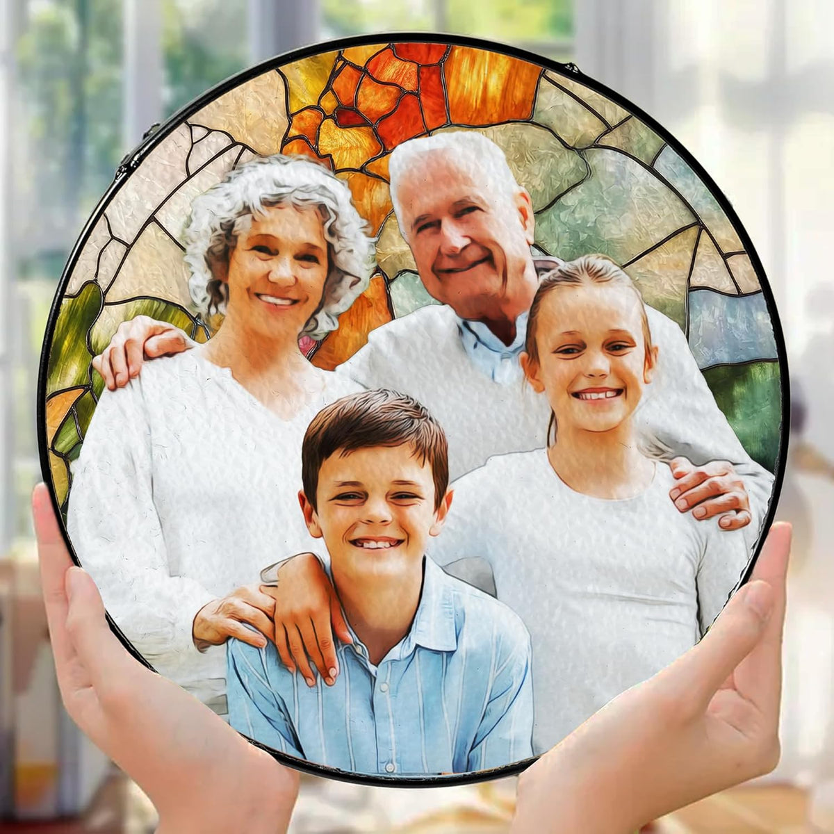 LOVELYPOD Personalized Grandma Stained Glass Sun Catcher, Photo Family Portrait Faux Window Hanging