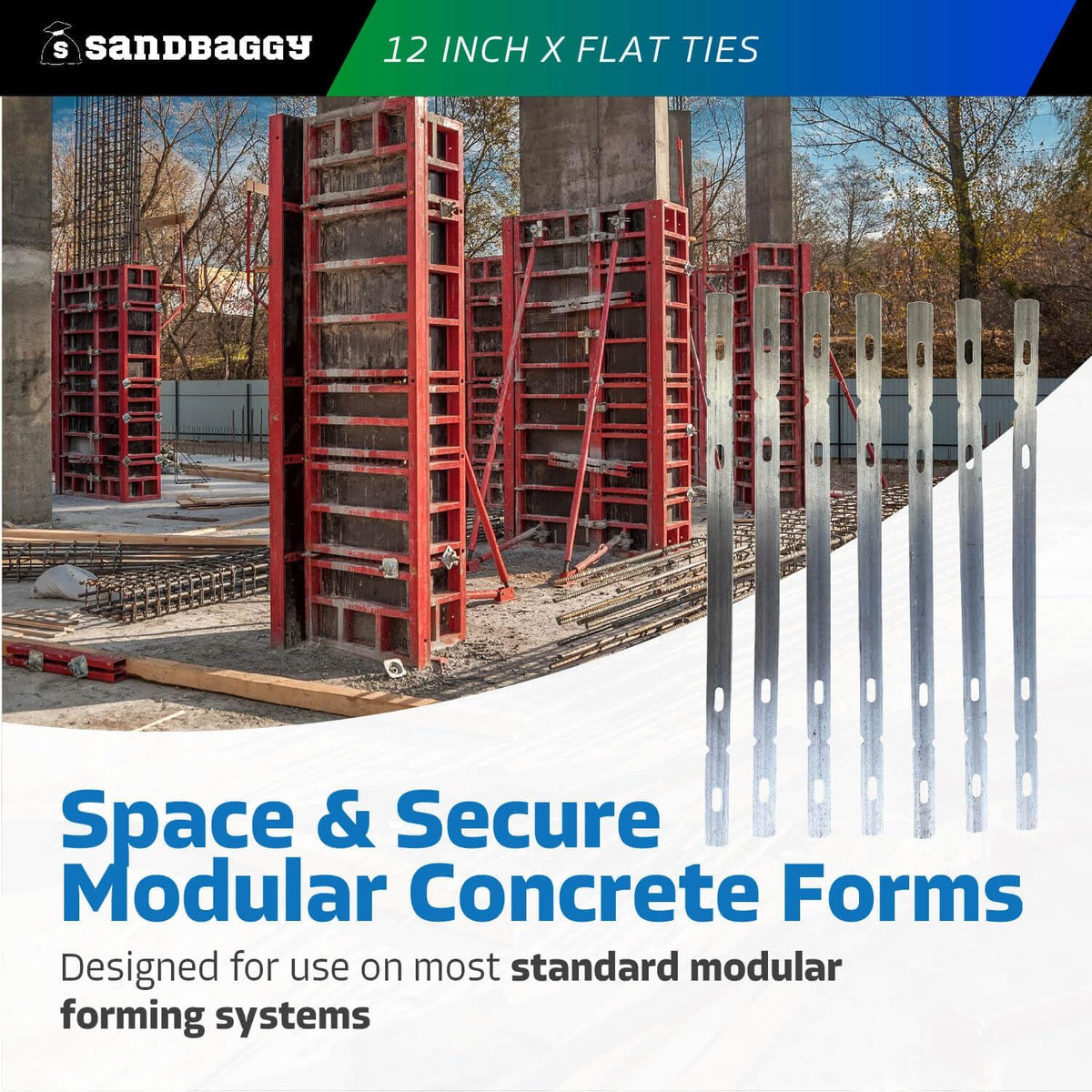 Sandbaggy 12" X Flat Ties for Concrete Forms - 11 Gauge Steel - Wall Ties Compatible with Standard