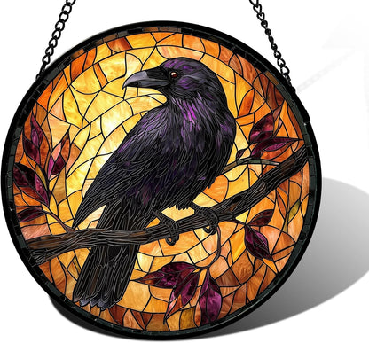 Stained Glass Window Hanging - Crow on a Branch Suncatcher Ready to Hang Window Doors Home