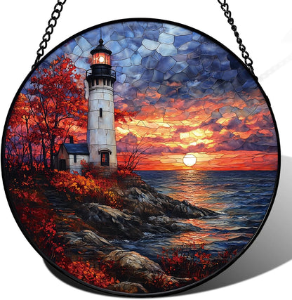 Coastal Lighthouse in Autumn Suncatcher -7.9 in Stained Glass Window Hanging Sun Catcher Garden