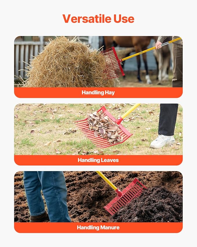 VEVOR Manure Fork, 18 Angled Tines, Horse Manure Rake with Long Fiberglass Handle, 61 in Durable
