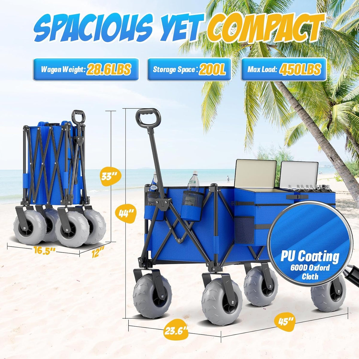 Beach Wagon with Big Wheels for Sand, 450lbs Heavy Duty Folding Wagon, Oversized 200L, 9" PVC
