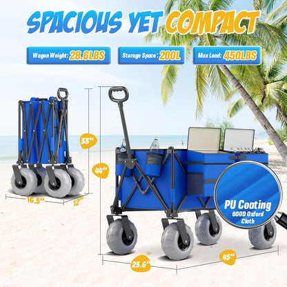 Beach Wagon with Big Wheels for Sand, 450lbs Heavy Duty Folding Wagon, Oversized 200L, 9" PVC