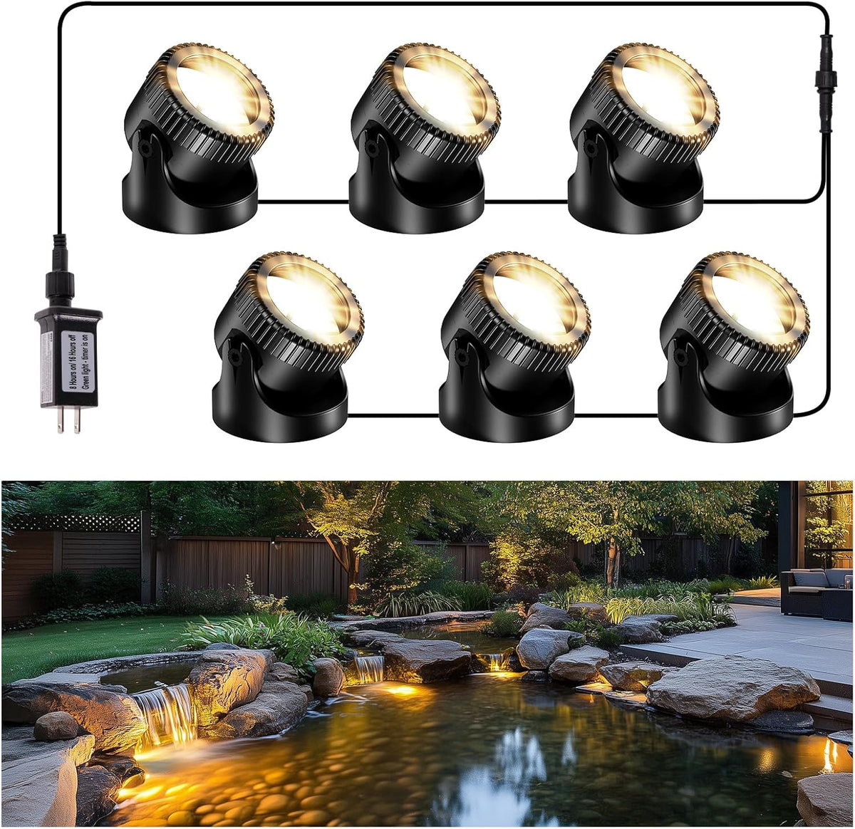 POPOSOAP Pond Lights, 6-in-1 Warm White Underwater Pond Lights, IP68 Waterproof LED Landscape