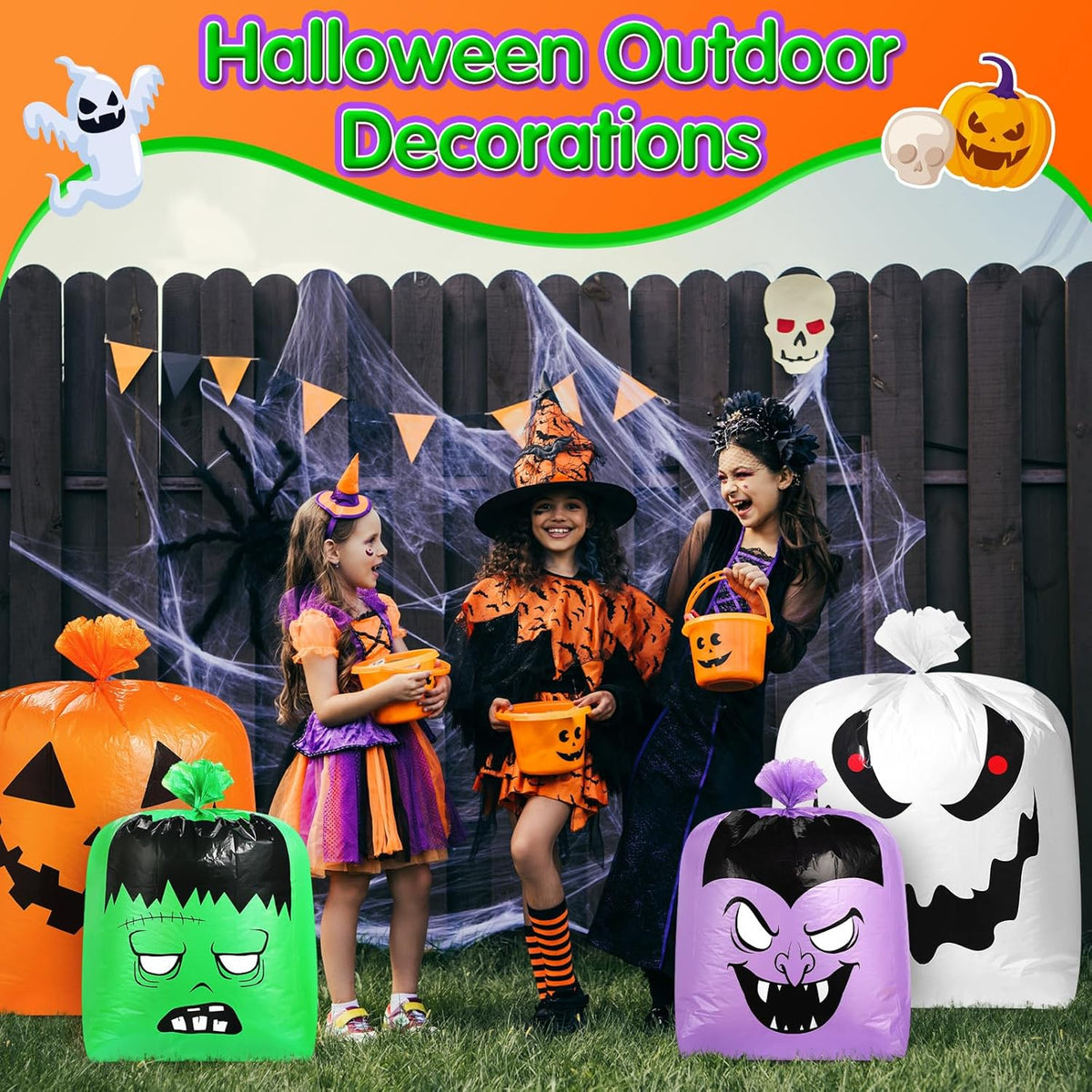 Qilery 6 Pcs Halloween Leaf Lawn Bags Plastic Pumpkin Trash Bags for Leaves with Twist Ties for