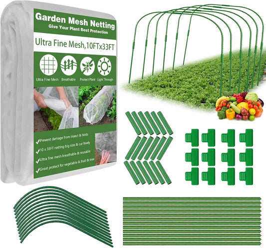 Garden Mesh Netting Kit, 10x33FT Ultra Fine Mesh Netting with 6 Sets Fiberglass Garden Hoops & 18