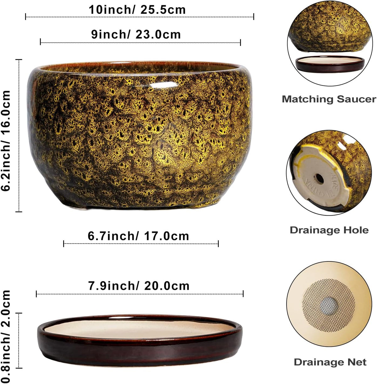 SQOWL 10 Inch Plant Pot - Ceramic Flower Pots with Drainage Hole and Saucer, Ceramic Planter for
