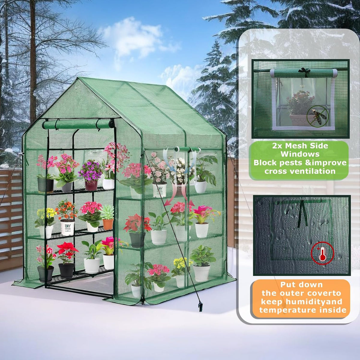 Walk-in Greenhouse for Outdoors, Thickened PE Cover & Heavy Duty Powder-Coated Steel, Mesh Door &